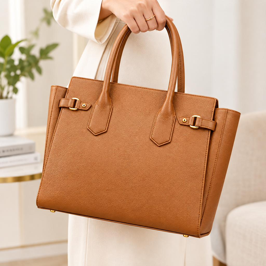 Luxeora Camel Leather Large Tote Handbag for Women