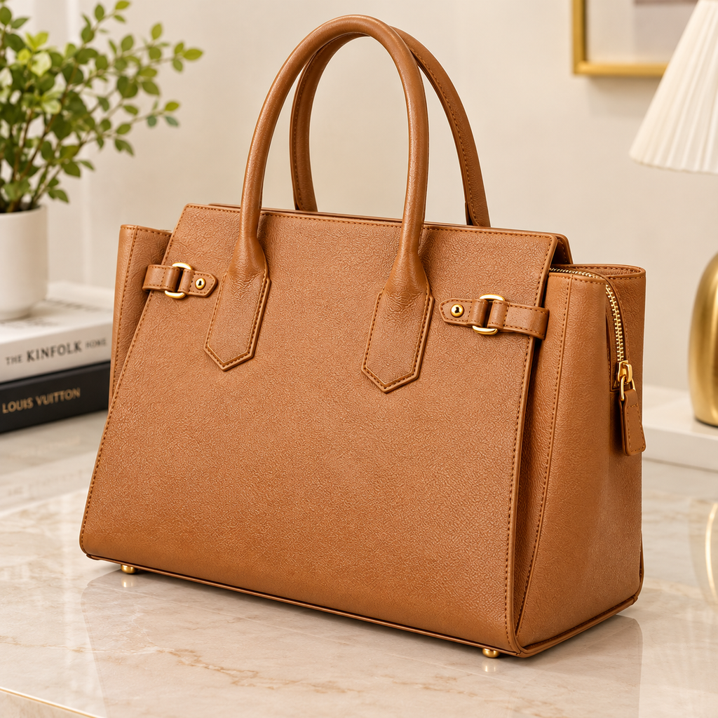 Luxeora Camel Leather Large Tote Handbag for Women