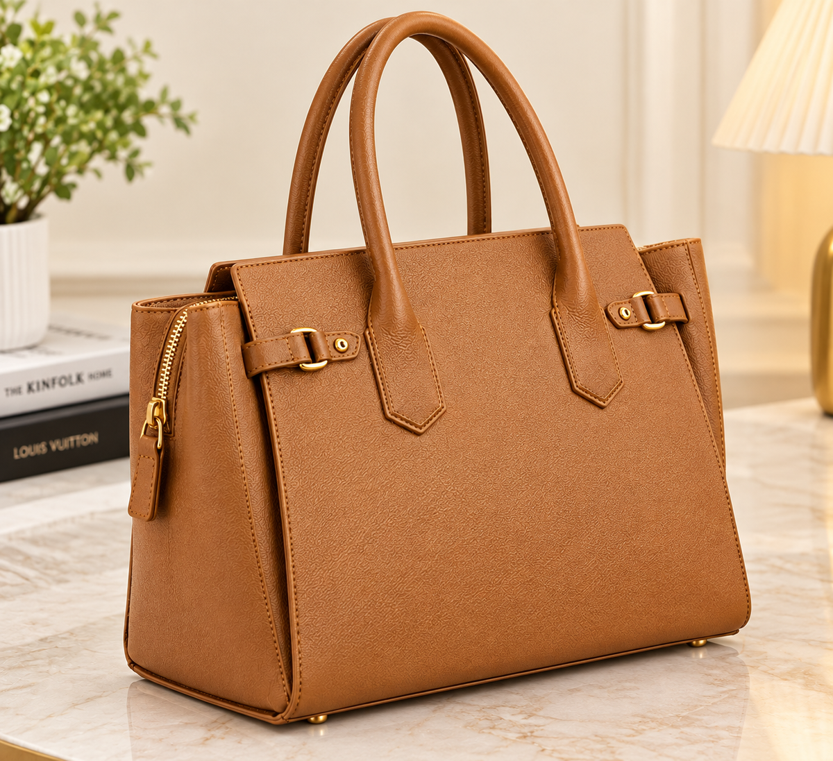 Luxeora Camel Leather Large Tote Handbag for Women