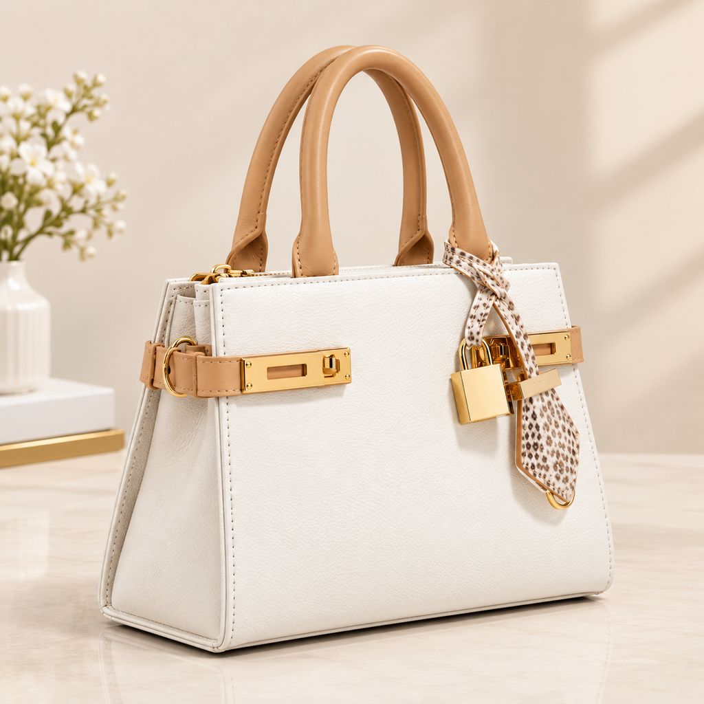 Elegant White Leather Satchel Bag With Gold Hardware