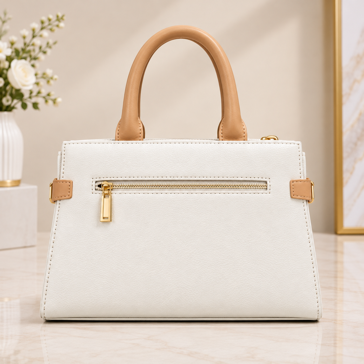 Elegant White Leather Satchel Bag With Gold Hardware