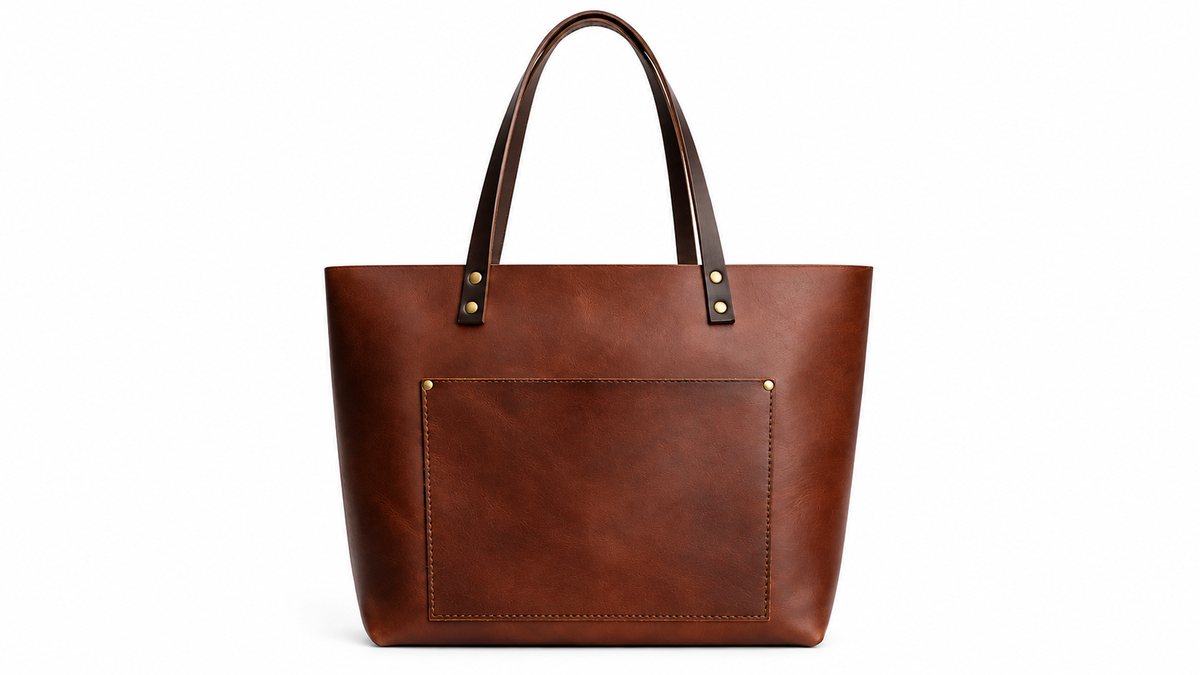 Affordable real-leather tote bag with minor cosmetic imperfections.