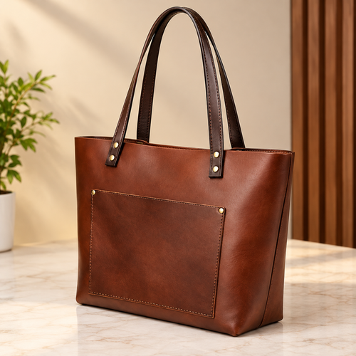 Affordable real-leather tote bag with minor cosmetic imperfections.