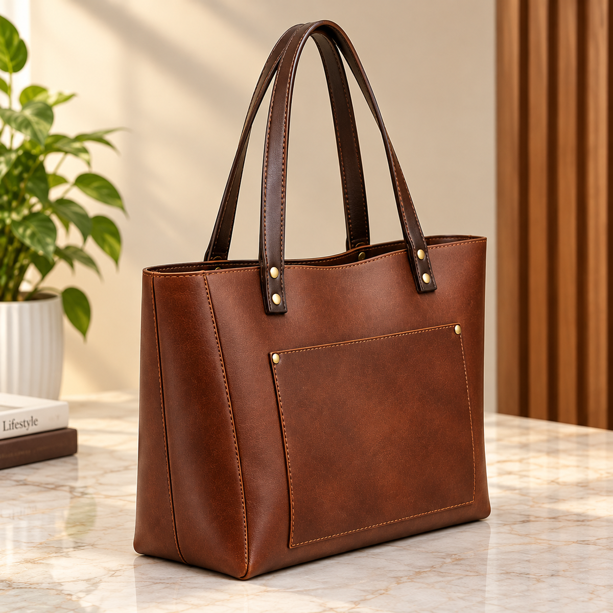 Affordable real-leather tote bag with minor cosmetic imperfections.
