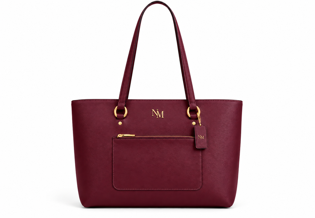 Elegant Burgundy Tote Bag with Gold Monogram Detail