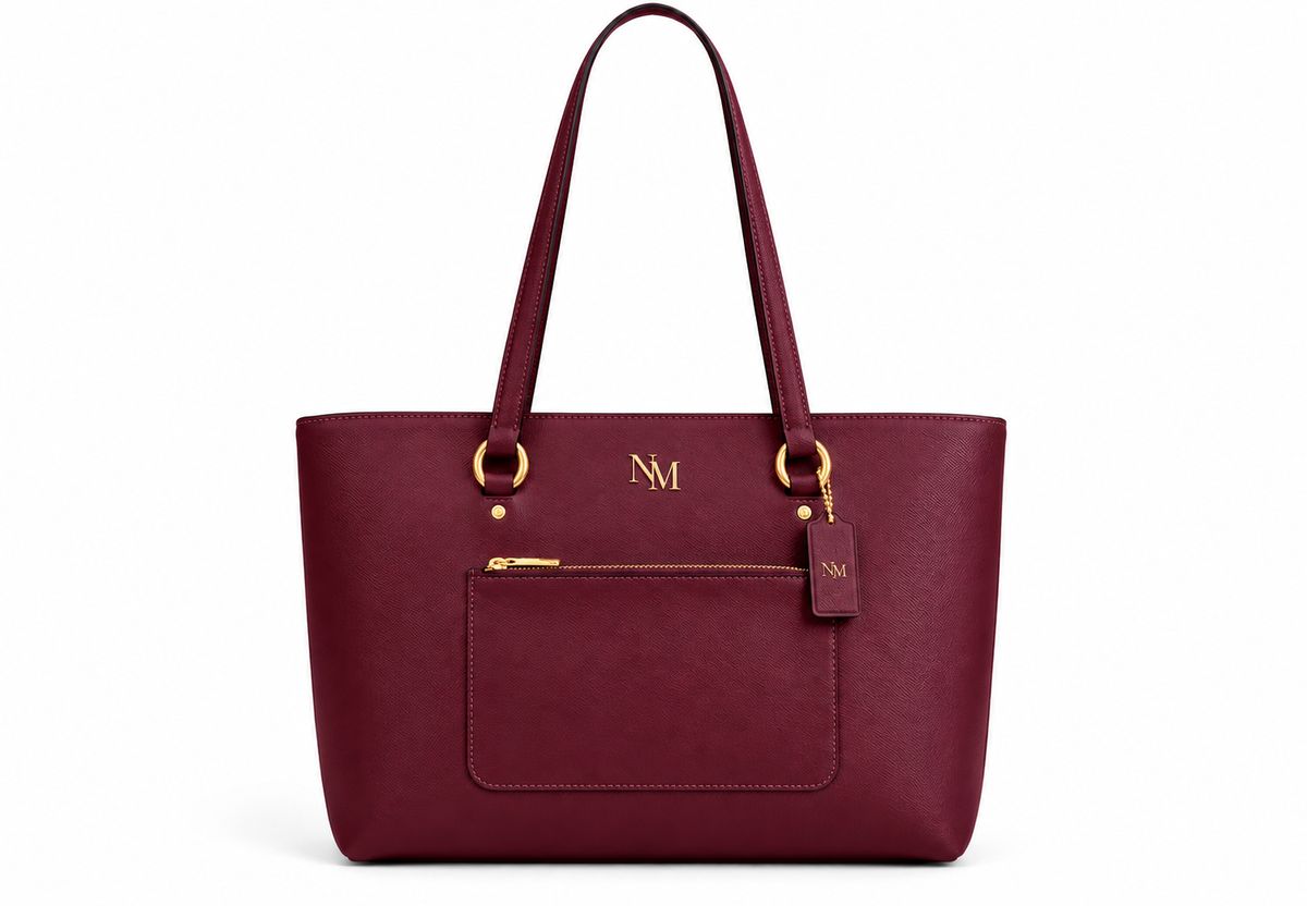 Elegant Burgundy Tote Bag with Gold Monogram Detail