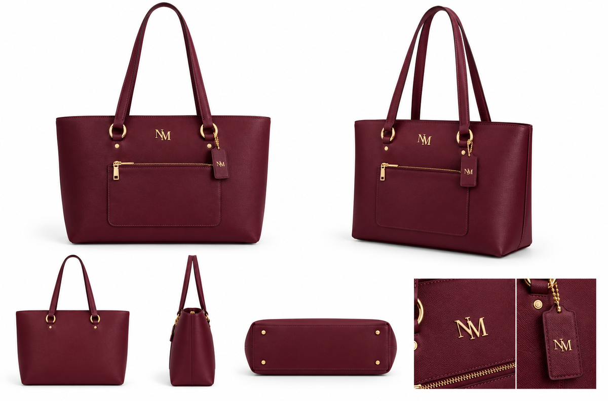 Elegant Burgundy Tote Bag with Gold Monogram Detail