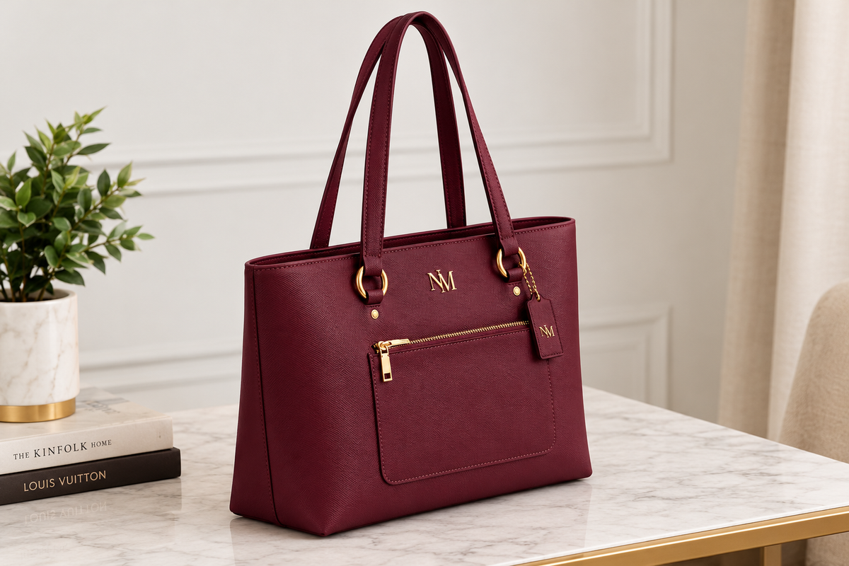 Elegant Burgundy Tote Bag with Gold Monogram Detail