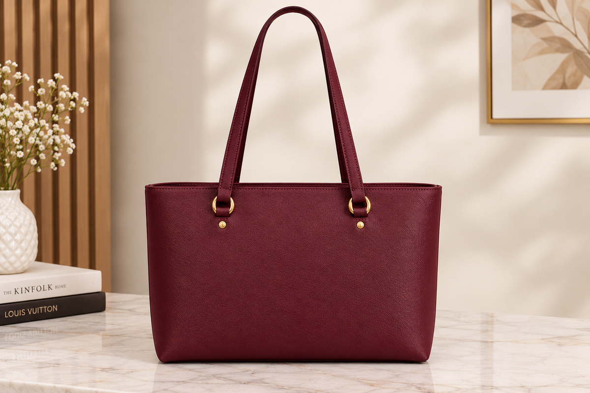 Elegant Burgundy Tote Bag with Gold Monogram Detail