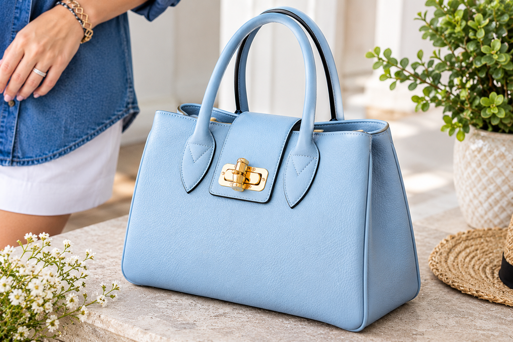 Elegant Light Blue Italian Leather Tote Bag Design