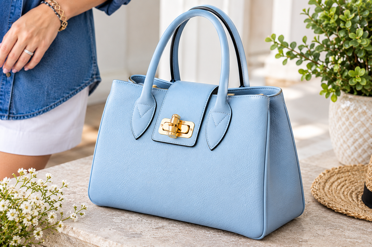 Elegant Light Blue Italian Leather Tote Bag Design