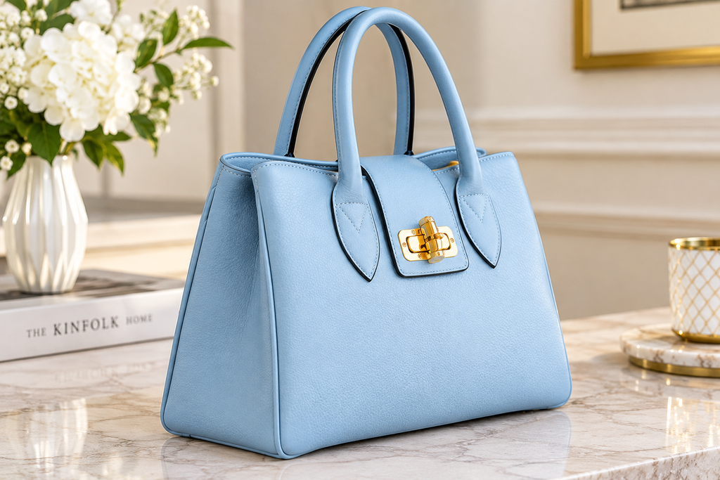 Elegant Light Blue Italian Leather Tote Bag Design