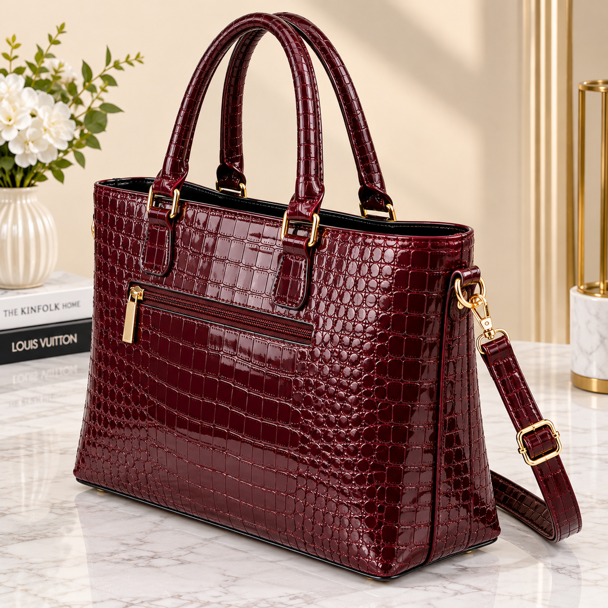Women's Glossy Crocodile Pattern PU Leather Large Tote Handbag