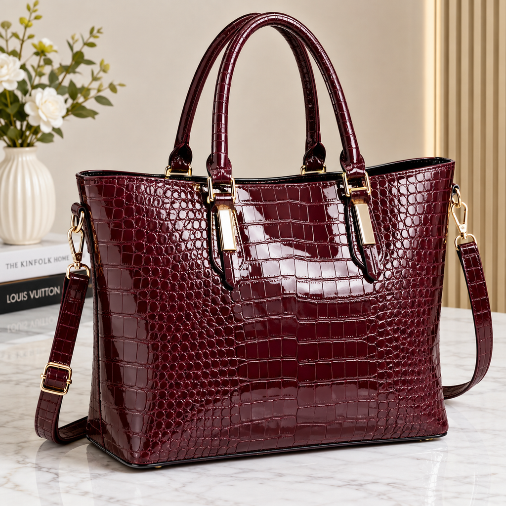 Women's Glossy Crocodile Pattern PU Leather Large Tote Handbag