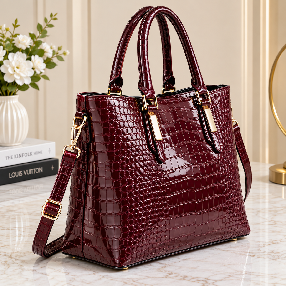 Women's Glossy Crocodile Pattern PU Leather Large Tote Handbag